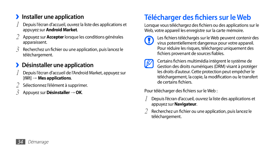 Samsung YP-G70EW/XEF Télécharger des fichiers sur le Web, ››Installer une application, ››Désinstaller une application 