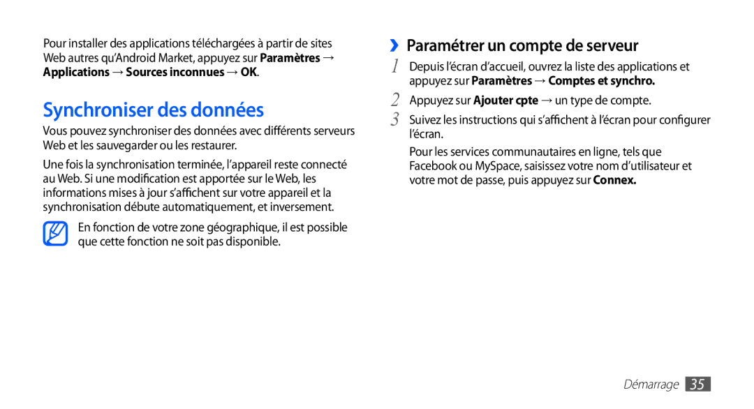 Samsung YP-G70CW/XEF, YP-G70EW/XEF manual Synchroniser des données, ››Paramétrer un compte de serveur, ’écran 