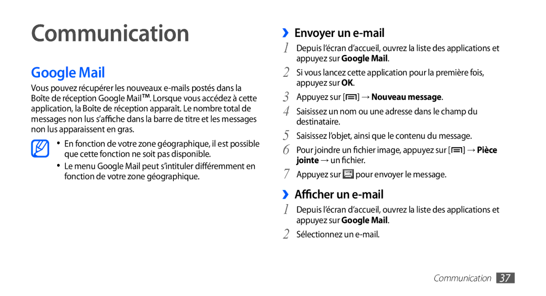 Samsung YP-G70CW/XEF, YP-G70EW/XEF manual Communication, Google Mail, ››Envoyer un e-mail, ››Afficher un e-mail 