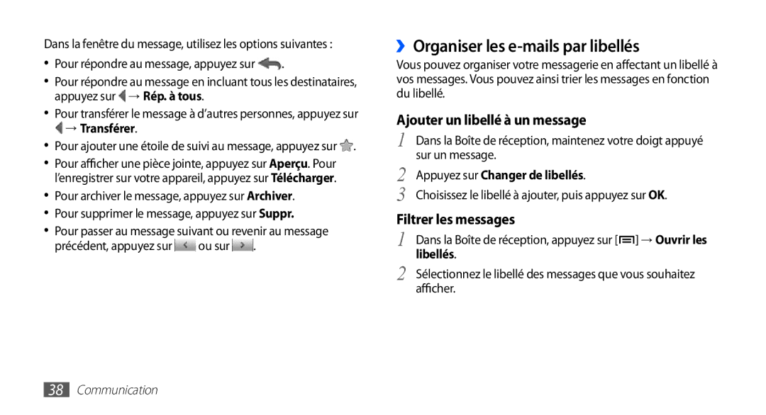 Samsung YP-G70EW/XEF manual ››Organiser les e-mails par libellés, → Transférer, Appuyez sur Changer de libellés, Libellés 