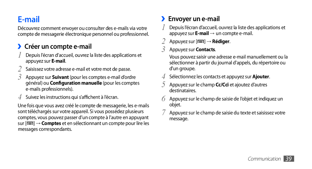 Samsung YP-G70CW/XEF, YP-G70EW/XEF manual Mail, ››Créer un compte e-mail 