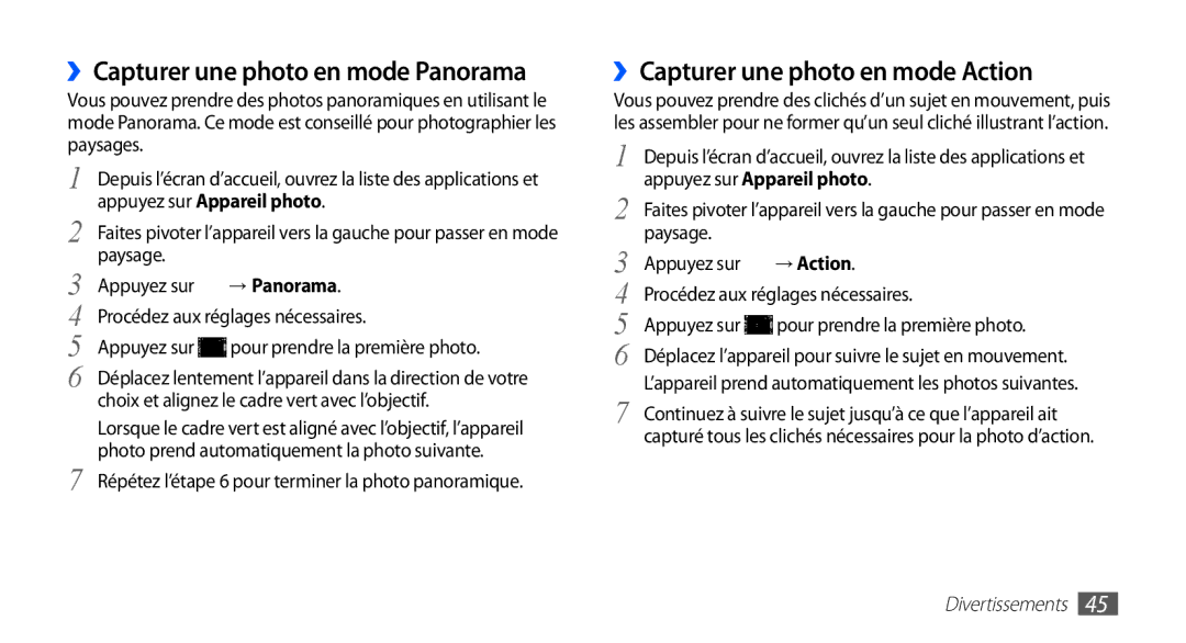 Samsung YP-G70CW/XEF, YP-G70EW/XEF manual ››Capturer une photo en mode Panorama, ››Capturer une photo en mode Action 