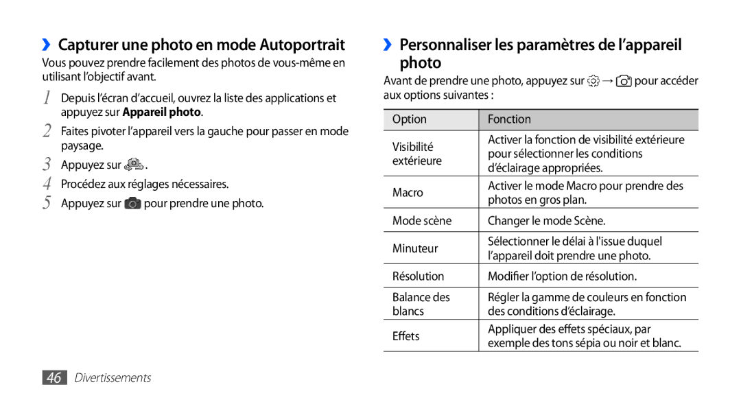 Samsung YP-G70EW/XEF manual ››Capturer une photo en mode Autoportrait, ››Personnaliser les paramètres de l’appareil photo 