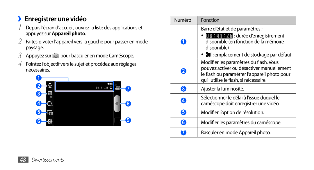 Samsung YP-G70EW/XEF, YP-G70CW/XEF manual ››Enregistrer une vidéo, Nécessaires Numéro Fonction Barre détat et de paramètres 