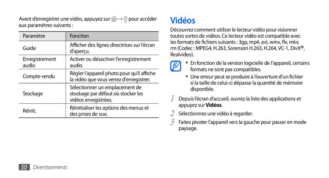 Samsung YP-G70EW/XEF, YP-G70CW/XEF manual Enregistrement, Audio Compte-rendu, Vidéos enregistrées, Des prises de vue 