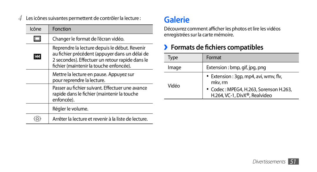 Samsung YP-G70CW/XEF, YP-G70EW/XEF manual Galerie, ››Formats de fichiers compatibles 