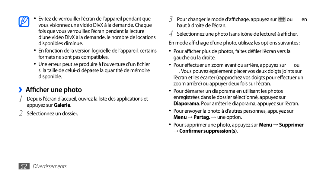 Samsung YP-G70EW/XEF manual ››Afficher une photo, Appuyez sur Galerie, Sélectionnez un dossier, Haut à droite de l’écran 