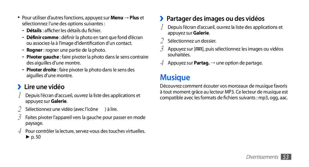 Samsung YP-G70CW/XEF, YP-G70EW/XEF manual Musique, ››Lire une vidéo, ››Partager des images ou des vidéos 