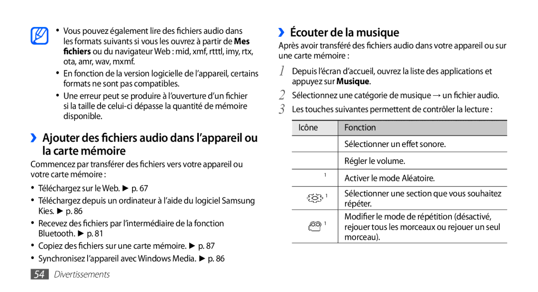 Samsung YP-G70EW/XEF, YP-G70CW/XEF ››Écouter de la musique, Sélectionner une section que vous souhaitez répéter, Morceau 