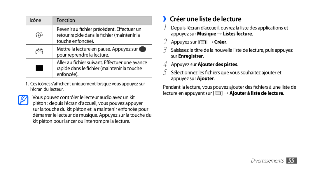 Samsung YP-G70CW/XEF manual ››Créer une liste de lecture, Icône Fonction, Touche enfoncée, Appuyez sur Ajouter des pistes 