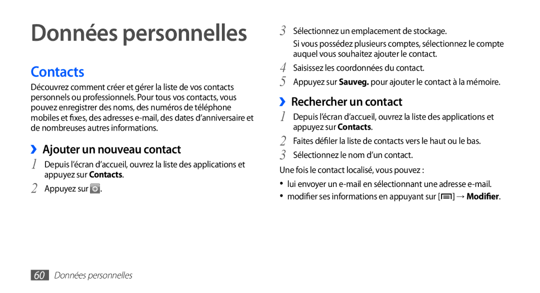 Samsung YP-G70EW/XEF, YP-G70CW/XEF Contacts, ››Ajouter un nouveau contact, ››Rechercher un contact, Données personnelles 