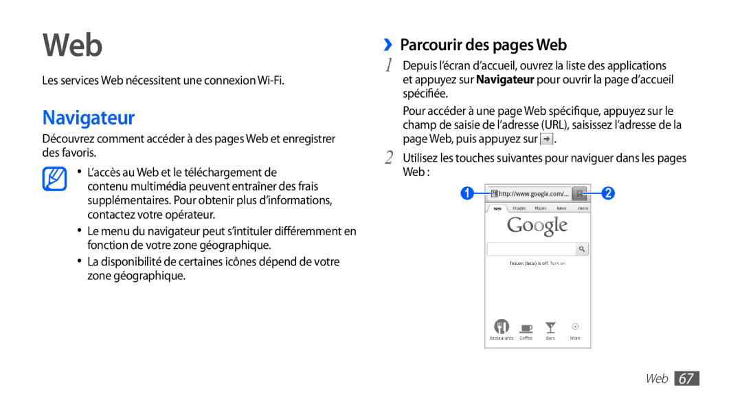 Samsung YP-G70CW/XEF manual Navigateur, ››Parcourir des pages Web, Les services Web nécessitent une connexion Wi-Fi 