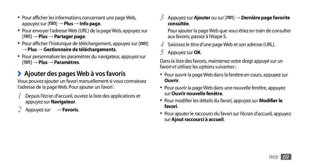 Samsung YP-G70CW/XEF manual ››Ajouter des pages Web à vos favoris, → Plus → Gestionnaire de téléchargements, Consultée 