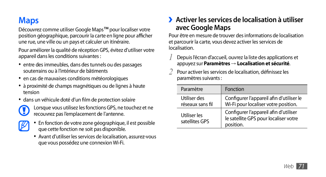 Samsung YP-G70CW/XEF, YP-G70EW/XEF manual Maps, Appuyez sur Paramètres → Localisation et sécurité 