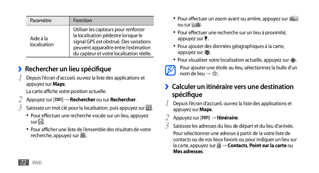 Samsung YP-G70EW/XEF ››Rechercher un lieu spécifique, ››Calculer un itinéraire vers une destination spécifique, Aide à la 