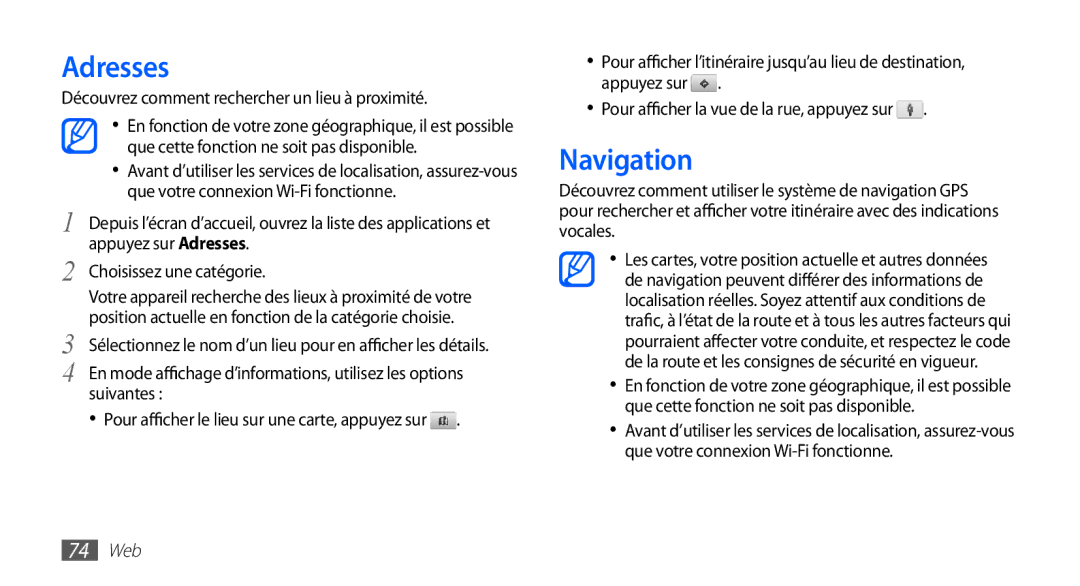 Samsung YP-G70EW/XEF, YP-G70CW/XEF manual Adresses, Navigation, Découvrez comment rechercher un lieu à proximité, 74 Web 