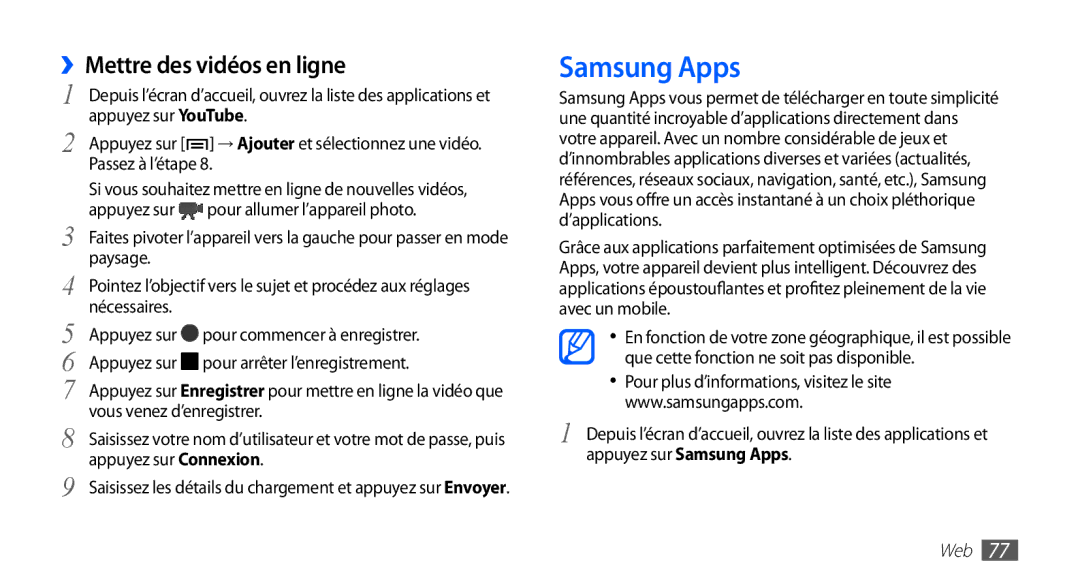 Samsung YP-G70CW/XEF, YP-G70EW/XEF manual Samsung Apps, ››Mettre des vidéos en ligne 