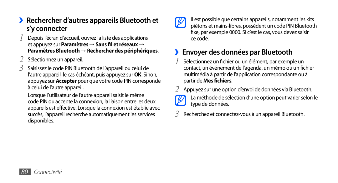 Samsung YP-G70EW/XEF manual ››Rechercher d’autres appareils Bluetooth et s’y connecter, ››Envoyer des données par Bluetooth 