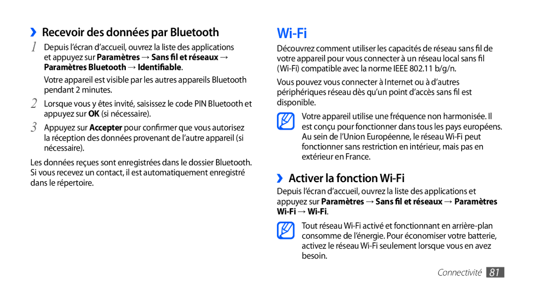 Samsung YP-G70CW/XEF, YP-G70EW/XEF manual ››Recevoir des données par Bluetooth, ››Activer la fonction Wi-Fi 