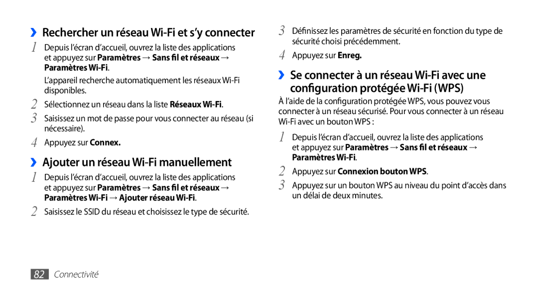 Samsung YP-G70EW/XEF, YP-G70CW/XEF manual Paramètres Wi-Fi → Ajouter réseau Wi-Fi, Appuyez sur Connexion bouton WPS 