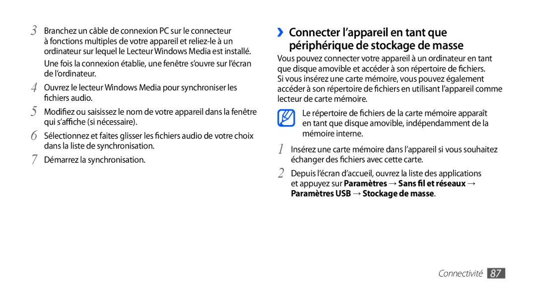 Samsung YP-G70CW/XEF, YP-G70EW/XEF manual Branchez un câble de connexion PC sur le connecteur 