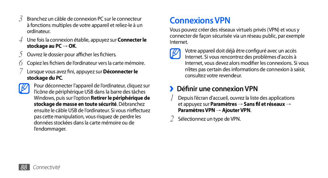 Samsung YP-G70EW/XEF, YP-G70CW/XEF manual Connexions VPN, ››Définir une connexion VPN, Stockage au PC → OK, Stockage du PC 