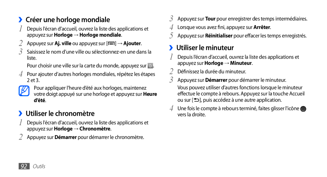 Samsung YP-G70EW/XEF, YP-G70CW/XEF manual ››Créer une horloge mondiale, ››Utiliser le chronomètre, ››Utiliser le minuteur 