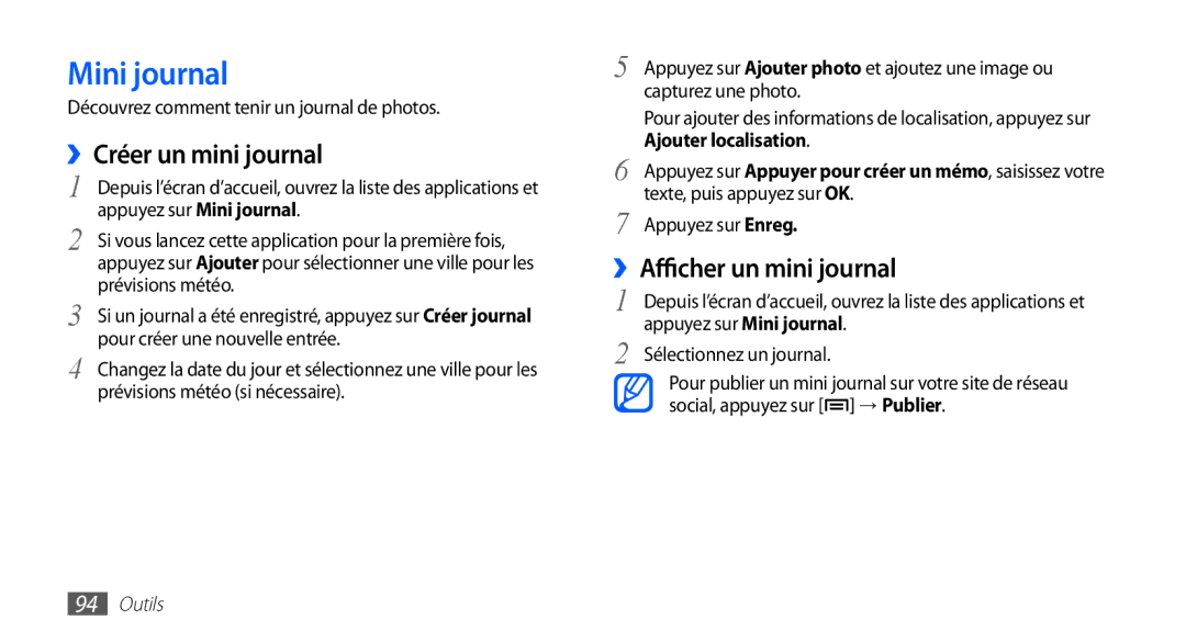 Samsung YP-G70EW/XEF, YP-G70CW/XEF manual Mini journal, ››Créer un mini journal, ››Afficher un mini journal 