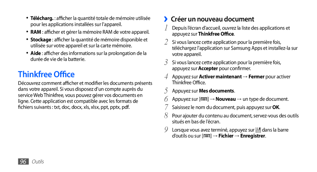 Samsung YP-G70EW/XEF, YP-G70CW/XEF manual ››Créer un nouveau document, Appuyez sur Thinkfree Office 