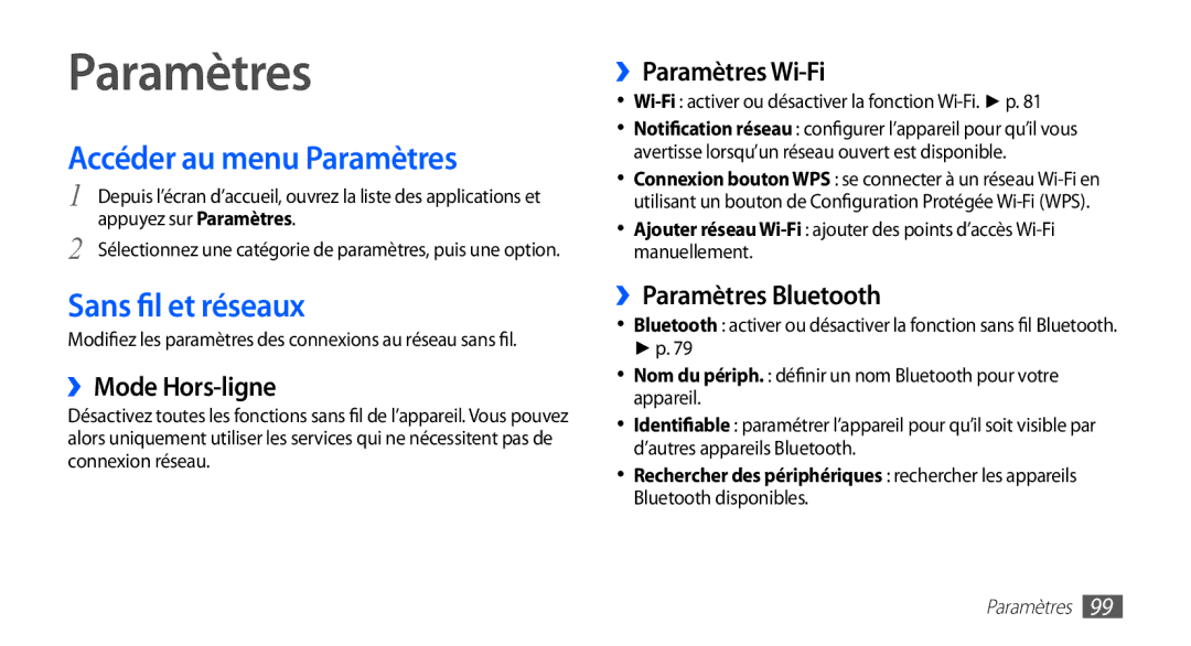 Samsung YP-G70CW/XEF, YP-G70EW/XEF manual Accéder au menu Paramètres, Sans fil et réseaux 