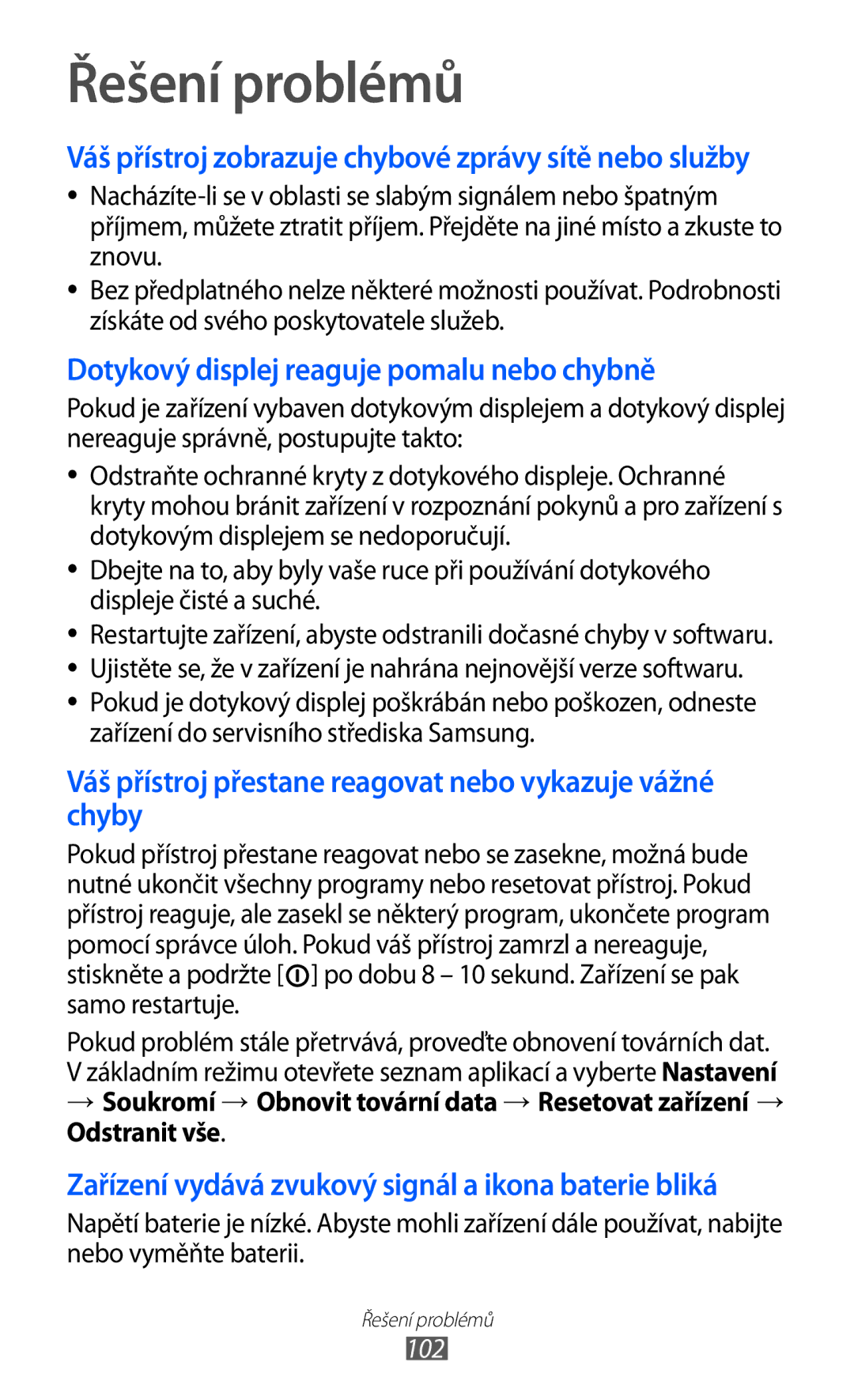 Samsung YP-G70EB/XEZ, YP-G70EW/XEZ, YP-G70CW/XEZ Řešení problémů, Váš přístroj zobrazuje chybové zprávy sítě nebo služby 