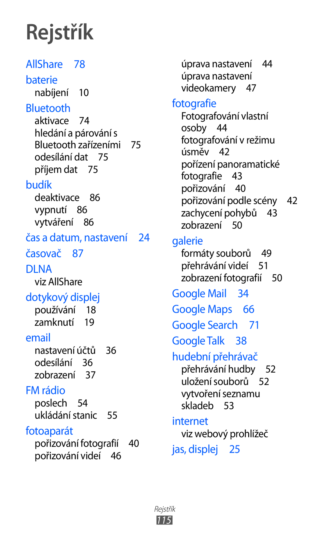 Samsung YP-G70CB/XEZ, YP-G70EW/XEZ, YP-G70CW/XEZ, YP-G70EB/XEZ manual Rejstřík 