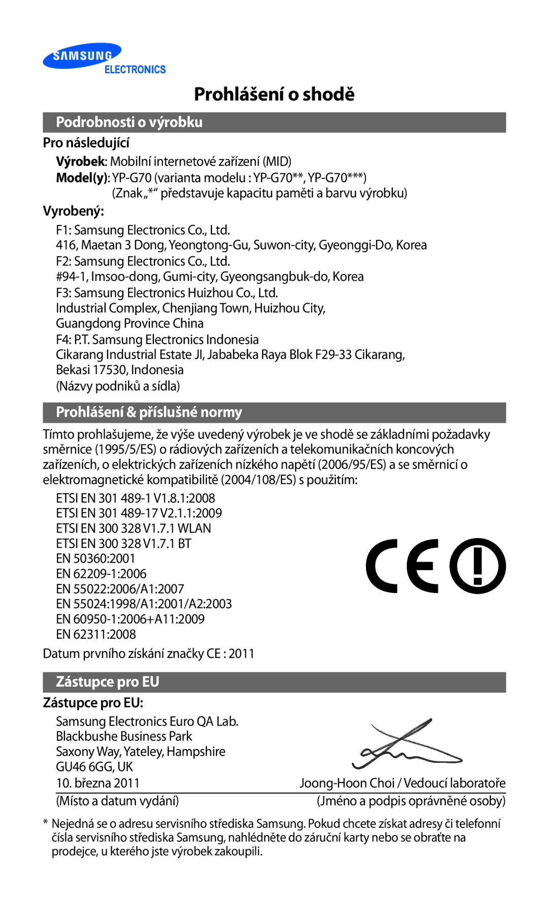 Samsung YP-G70EB/XEZ, YP-G70EW/XEZ, YP-G70CW/XEZ, YP-G70CB/XEZ manual Prohlášení o shodě 