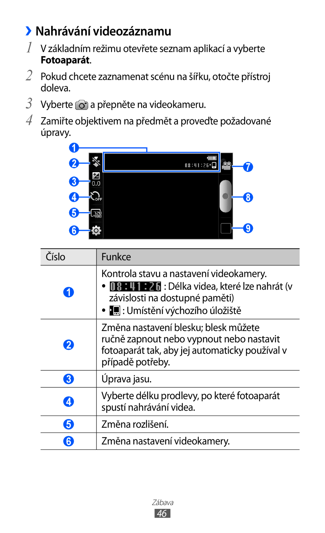 Samsung YP-G70EB/XEZ manual ››Nahrávání videozáznamu, Kontrola stavu a nastavení videokamery, Závislosti na dostupné paměti 