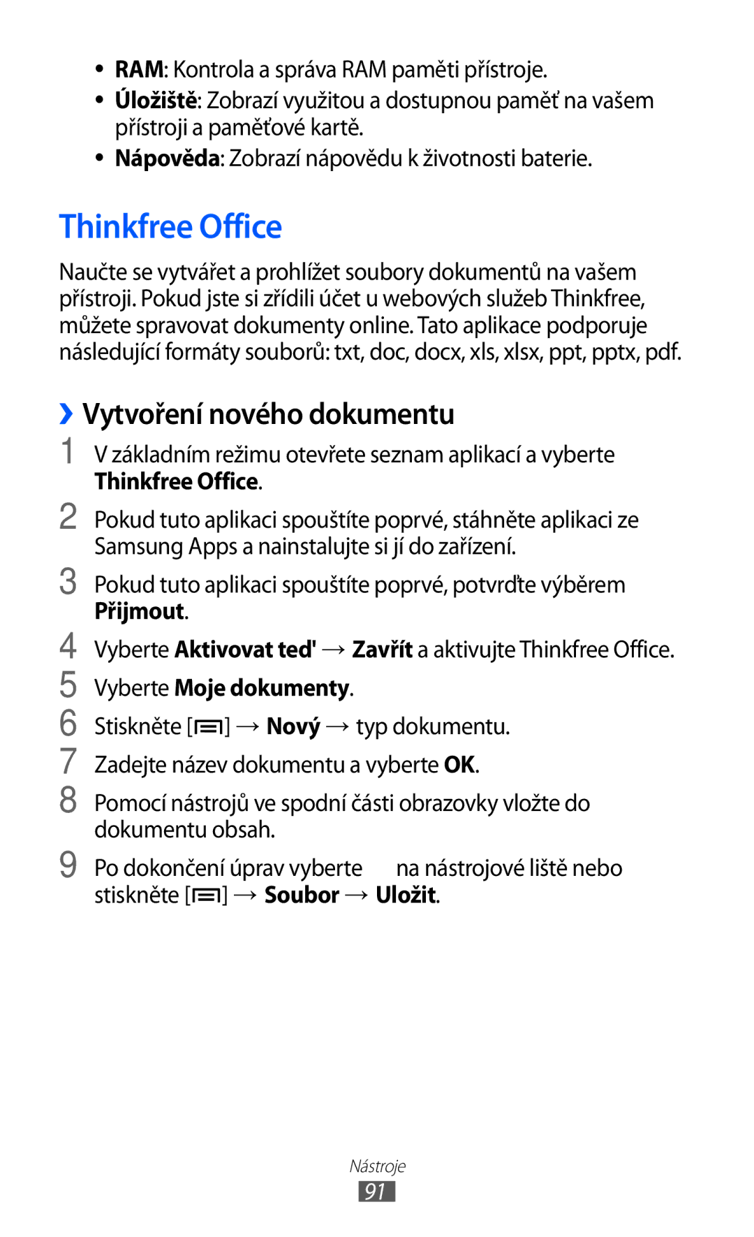 Samsung YP-G70CB/XEZ, YP-G70EW/XEZ manual Thinkfree Office, ››Vytvoření nového dokumentu, Přijmout, Vyberte Moje dokumenty 