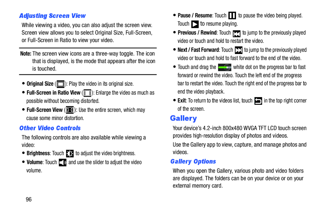 Samsung YP-GI1CB user manual Adjusting Screen View, Other Video Controls, Gallery Options 