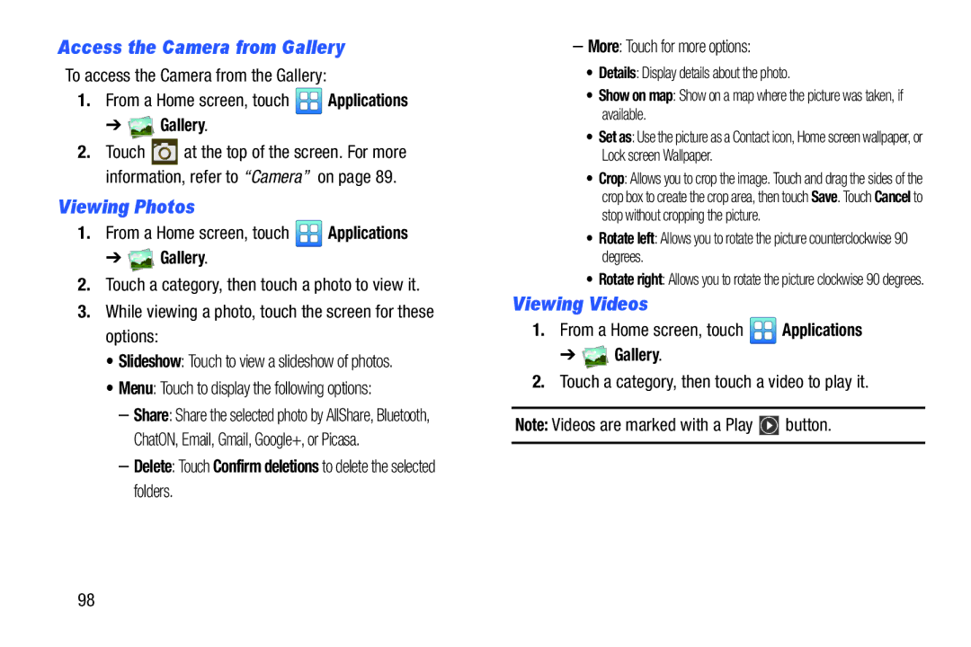 Samsung YP-GI1CB user manual Access the Camera from Gallery, Viewing Photos, Viewing Videos 