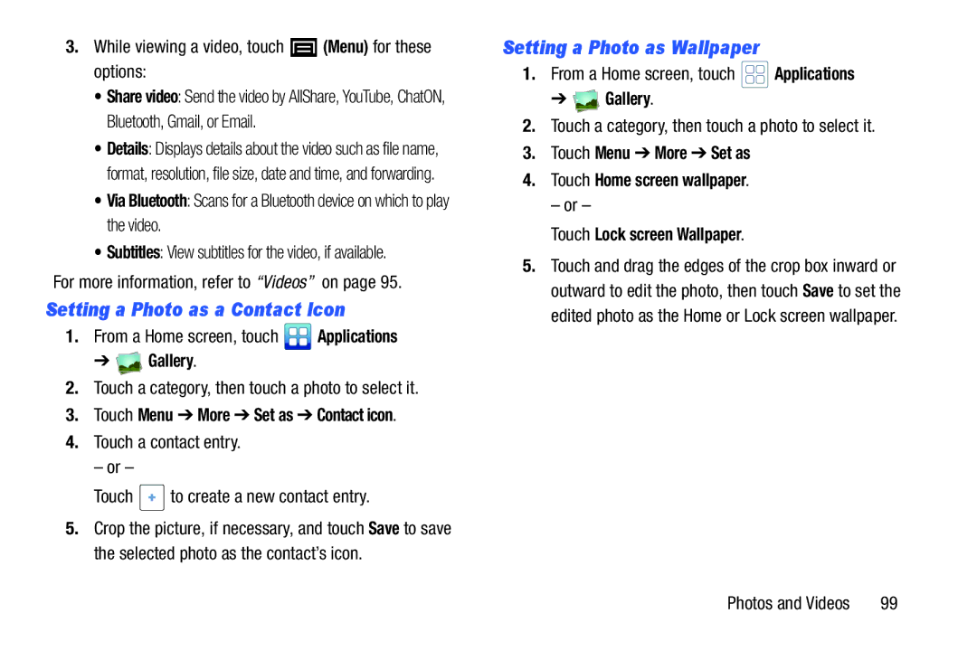 Samsung YP-GI1CB user manual Setting a Photo as a Contact Icon, Setting a Photo as Wallpaper 