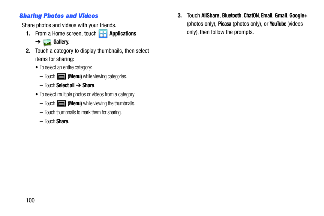 Samsung YP-GI1CB user manual Sharing Photos and Videos, Touch Select all Share, 100 