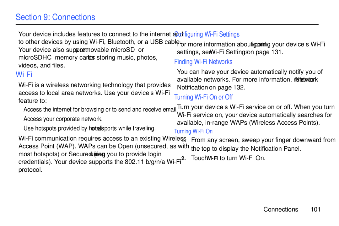 Samsung YP-GI1CB user manual Connections, Configuring Wi-Fi Settings, Finding Wi-Fi Networks, Turning Wi-Fi On or Off 