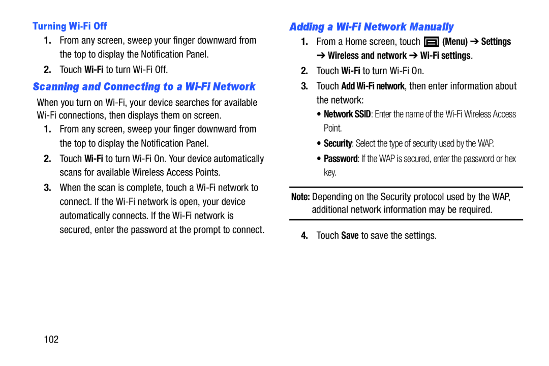 Samsung YP-GI1CB user manual Adding a Wi-Fi Network Manually, Turning Wi-Fi Off, Touch Wi-Fito turn Wi-Fi Off 