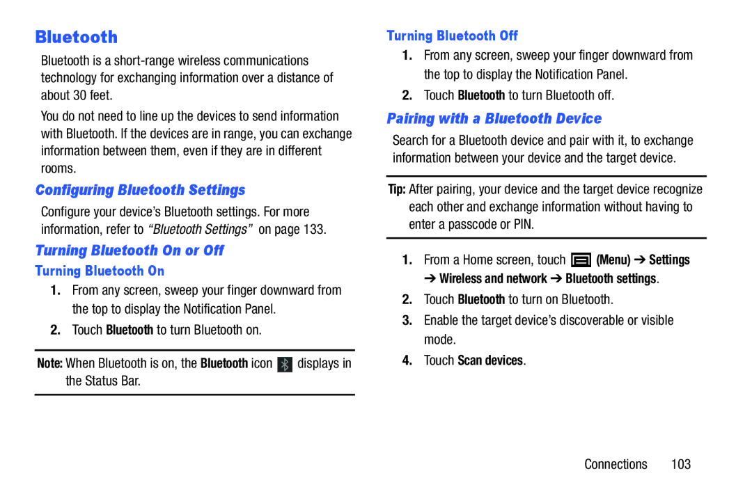 Samsung YP-GI1CB Configuring Bluetooth Settings, Turning Bluetooth On or Off, Pairing with a Bluetooth Device 