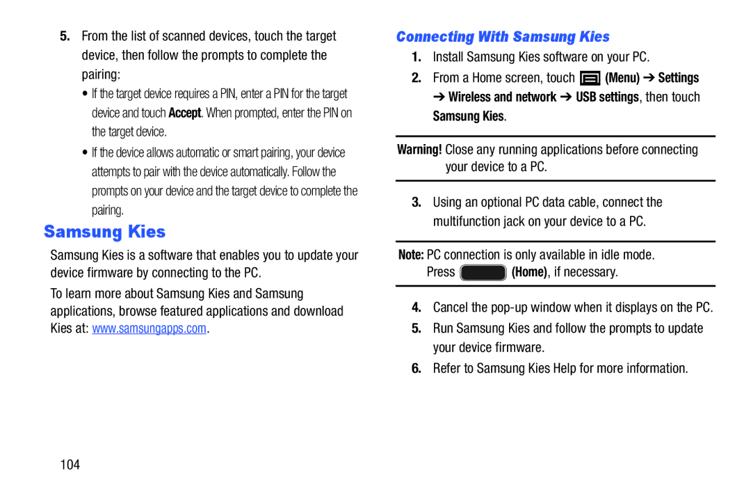 Samsung YP-GI1CB Connecting With Samsung Kies, Install Samsung Kies software on your PC, Press Home, if necessary 