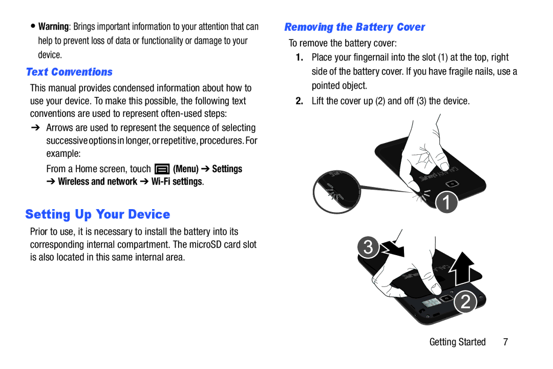 Samsung YP-GI1CB Setting Up Your Device, Text Conventions, Removing the Battery Cover, Wireless and network Wi-Fi settings 