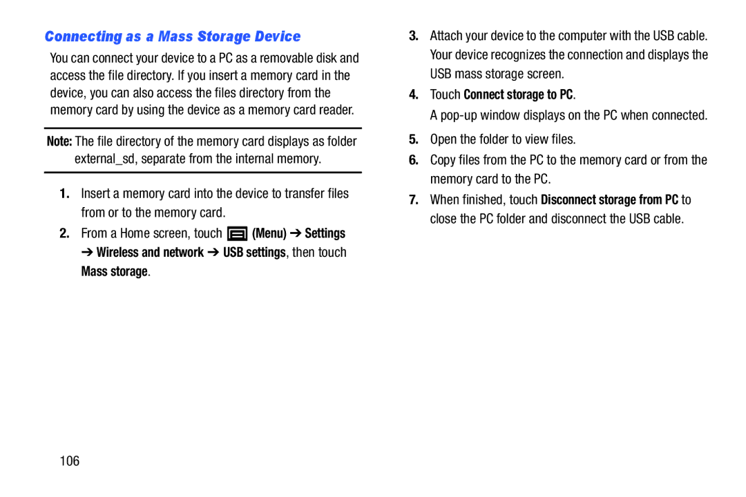 Samsung YP-GI1CB Connecting as a Mass Storage Device, Wireless and network USB settings, then touch Mass storage, 106 