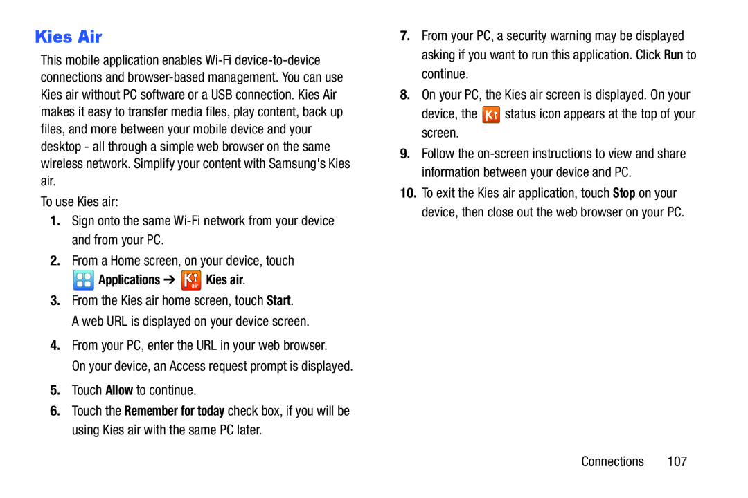 Samsung YP-GI1CB user manual Kies Air, Applications Kies air, Touch Allow to continue 