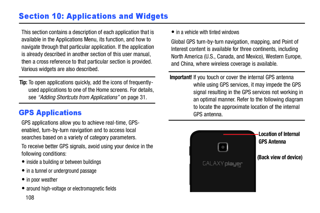 Samsung YP-GI1CB user manual Applications and Widgets, GPS Applications, Location of Internal GPS Antenna 