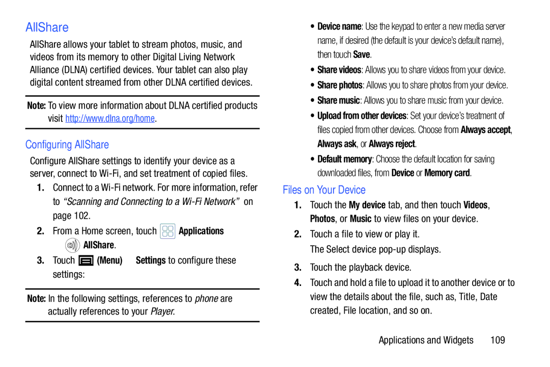 Samsung YP-GI1CB Configuring AllShare, Files on Your Device, AllShare Touch Menu Settings to configure these settings 