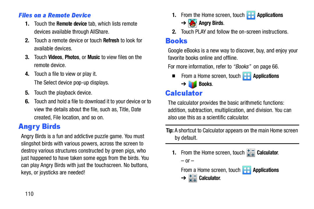 Samsung YP-GI1CB user manual Angry Birds, Calculator, Files on a Remote Device 