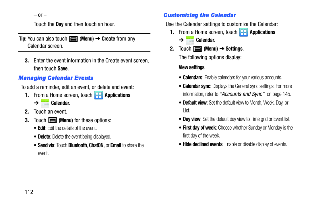 Samsung YP-GI1CB user manual Managing Calendar Events, Customizing the Calendar, View settings, 112 